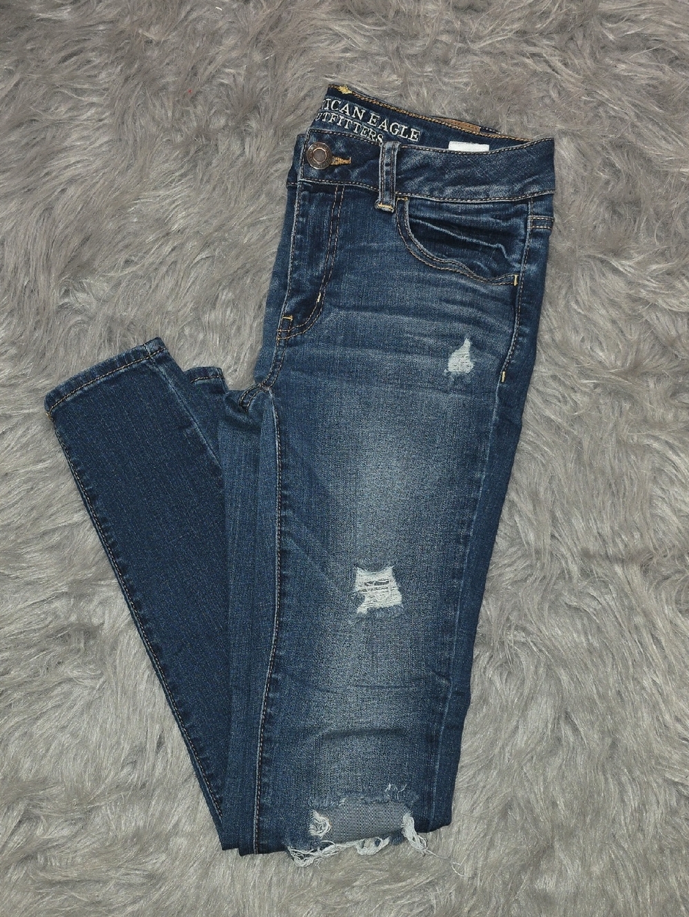 American Eagle Outfitters Dark Blue Skinny Jeans with Distressed Details